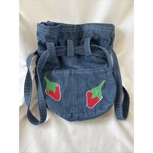 Vintage Denim Jean Strawberry Fruit Satchel Cinch Handbag Blue 14x12"‎